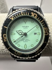 Gruen GR4684 Green Dial New Battery 34MM 8.25″ Black Rubber Band Rare Diver C42