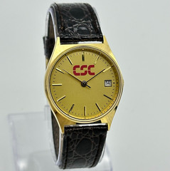 Unisex CSC Logo Gold Tone Advertising Watch, Brown Leather Band, Date, 33mm Runs