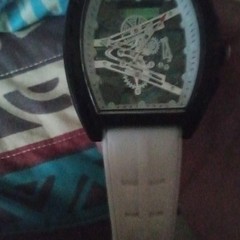 Tonneau Skeleton Analog Wristwatch Black/Silver Metal Case White Rubber Strap