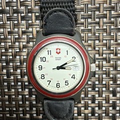 VintageSwiss Army Quartz Analog Date White Dial Red Bezel Gray Black Leather