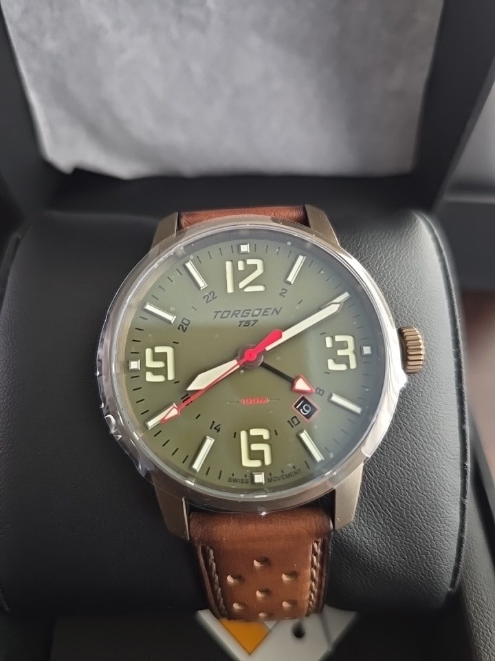 Torgoen T57 GMT, Olive Green Dial, Leather Straps Bronze Case. Swiss Quartz Move
