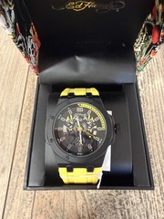 Ed Hardy Quartz Black/Yellow Skeleton Dial Yellow Silicone Strap w/ Box