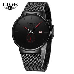 LIGE Men Watch Quartz Analog Date Round Dial Business Mesh Strap Male Wristwatch