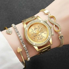 4PCS Ladies Quartz Watch Bracelet Set Rhinestone Steel Band Luxury-UK