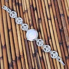 PEACE SIGN Geneva Platinum Watch Silver Blue Round Fold Over Clasp