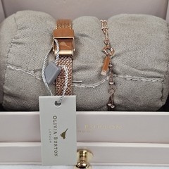 Olivia Burton Grey & Rose Gold Lucky Bee Watch & Bobble Chain Bracelet Set w/box