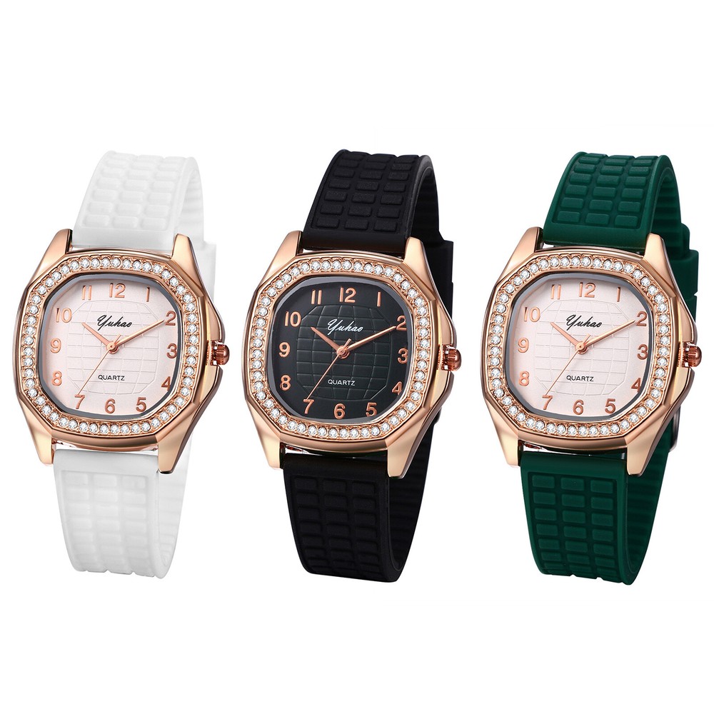 Women Girls Rhinestone Square Dial Jelly Silicone Band Quartz Analog Wrist Watch