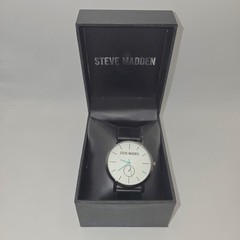 STEVE MADDEN Minimalist Watch White Dial Teal Hands Black Strap Subdial NIB 2895