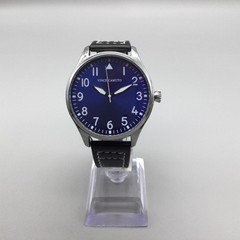 Vince Camuto Mens Watch 42mm Silver Tone Blue Dial Black Faux Leather 3ATM