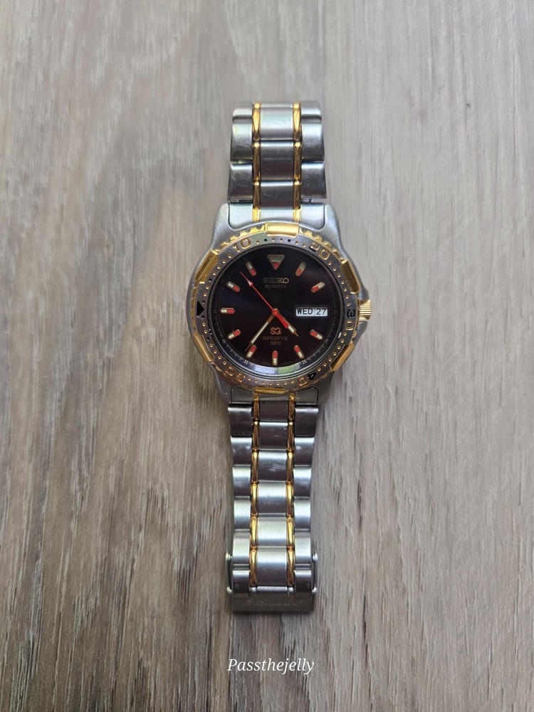 Seiko Watch Mens Sports 150 Two Tone Diver Style Black Dial Day Date Quartz Y2K
