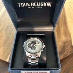 True Religion Mens Buddha Silver Chronograph Bracelet Watch 40mm Quartz