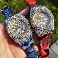 LUXURY HIP HOP ICED CAMOUFLAGE SILICONE BAND SIMULATED DIAMOND BLING WRIST WATCH