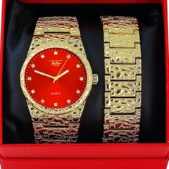 ICED HIP HOP GOLD PT BLING TEAL RED DIAL GOLDEN NUGGET WATCH & BRACELET SET