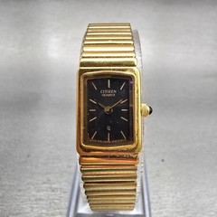 Citizen CQ Watch Women 13mm Black Dial Gold Tone Rectangle 2200-S11917 New Batt