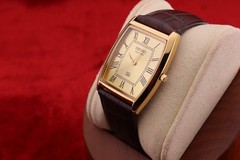 Vintage Men Seiko quartz Barrel-Tank Golden Dial ,Dark Brown leather Dress Watch