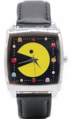PacMan Themed Square Face Black Leather Band Timepiece