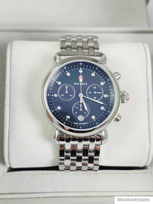 NEW Michele Silver Diamond CSX 39 Black MOP Chronograph Watch MWW03D000053