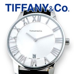 [B1Y] Tiffany Co. Atlas Dome Z1800 Leather Strap Quartz Date Silver [z9s]