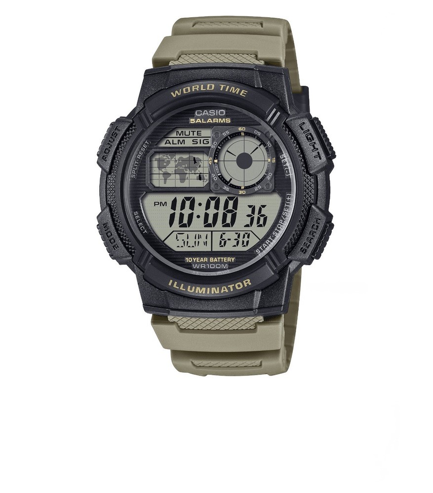 Casio AE1000W-5AV, World Time Watch, Chronograph, 5 Alarms, 10 Year Battery