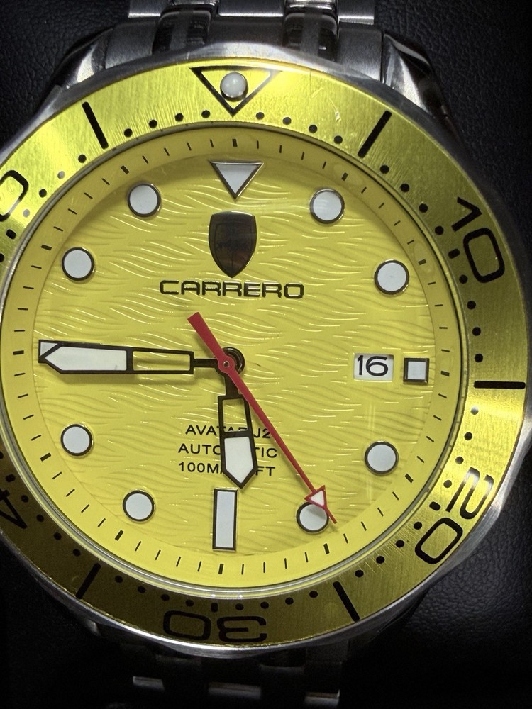 Carrero Avatar J2 Automatic Dive Watch – Stunning Yellow Wave Dial – Full KIT