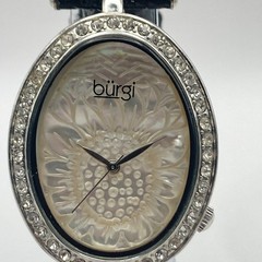 Burgi Women’s Watch Silver Tone Crystals Floral Dial 33mm Oval New Battery 8.75″