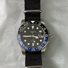 Parnis GMT Automatic Men’s Black Dial Black/Blue 24-Hour Bezel NATO Date