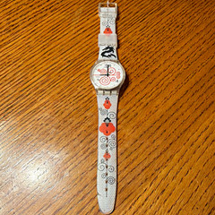 Swatch Swiss Made Quartz Analog Clear Plastic Watch White Red/Black Graphic