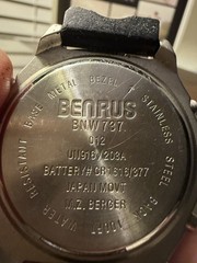 Benrus Quartz Analog Sport Wristwatch 100m Gold Dial Blue Bezel Rubber Strap