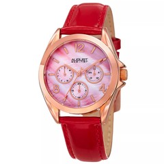 August Steiner AS8191RD Day Date GMT Red Genuine Leather Strap Womens Watch