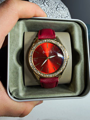 Jessica Carlyle Women’s Red Dial Gold Tone Crystal Bezel Watch Untested