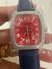 Locman Italy 488 Diamond Bezel Quartz Watch Red Face Blue Leather Strap
