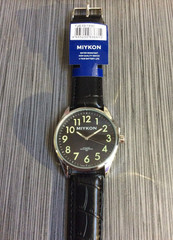 Miykon Men’s Silver Watch Round Black Dial Arabic Hours Black on Leather Band!