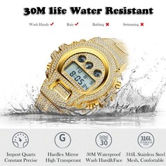 18K Gold IPS Plated LED Digital Hip Hop Bling Ice out Mens Watch Iced Cz Diamond