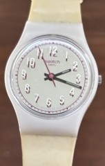 Swatch Lady Watch 25mm White Case Chrome Face White Resin Band Quartz Analog