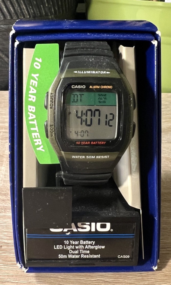 Casio Mens Watch LED Light With Afterglow Dual Time 50m Water Resistant Green