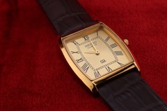 Vintage Men Seiko quartz Barrel-Tank Golden Dial ,Dark Brown leather Dress Watch