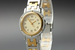 HERMES Clipper CL4.220 24mm Ivory Dial Gold Date Quartz Women’s Watch w/Box