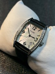 Vintage Ladies Pulsar By Seiko Women Tonneau Watch Silver Tone,Date,Gemmed,MOP