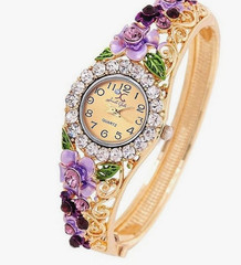 Watch Bracelet for Women Floral Design Multicolor Crystal Gold Plated Purple