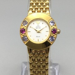 Jules Jurgensen Womens Watch 22mm Gold Tone Red Gemstones New Battery 6.75″