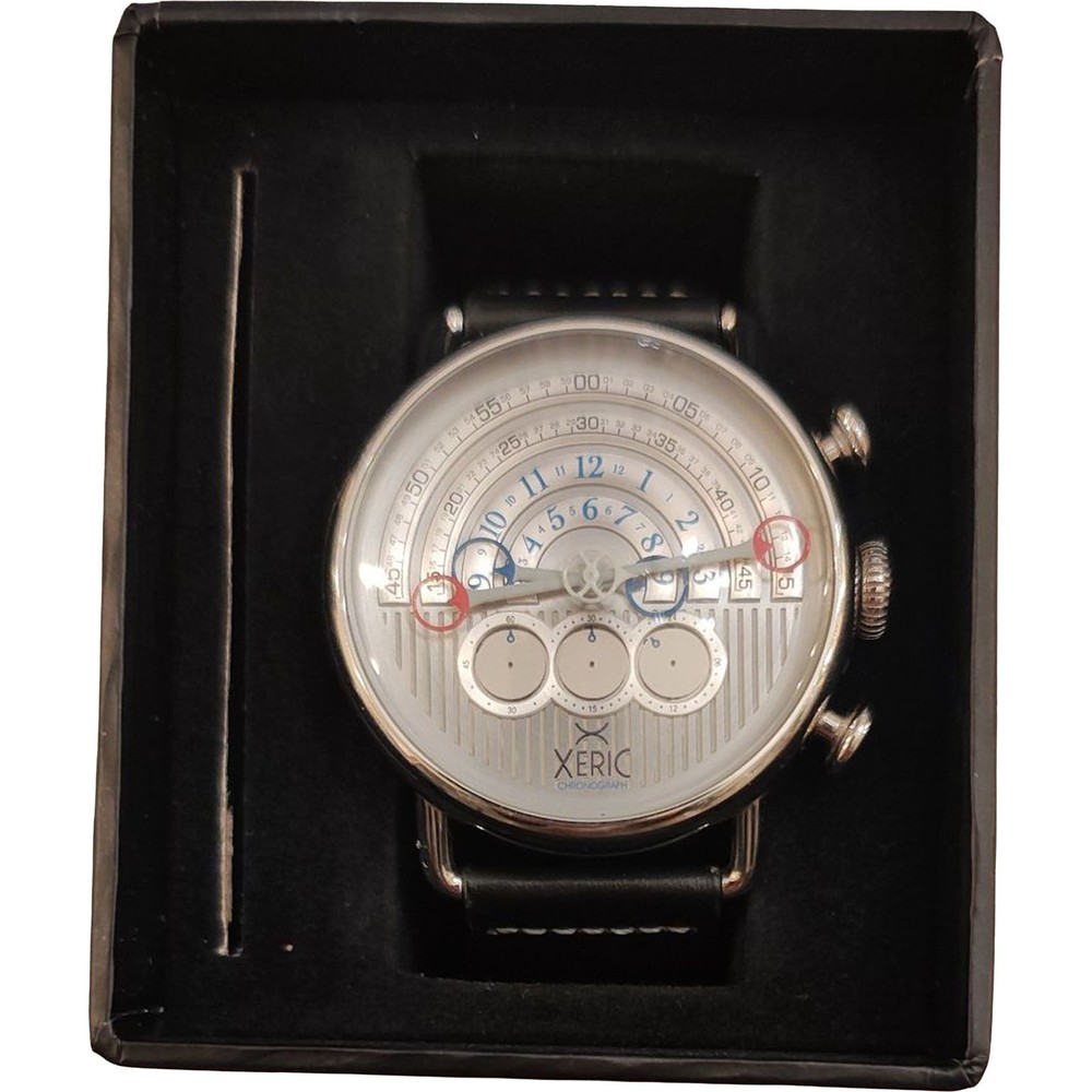 Xeric Halograph Chrono Silver Steel Leather Quartz Mens Watch Box Auth Japan