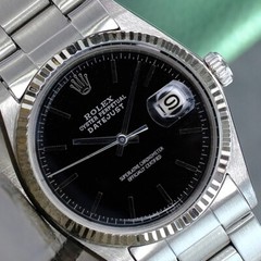 ROLEX MENS DATEJUST SS BLACK INDEX DIAL FLUTED OYSTER BAND 36MM WATCH 1601