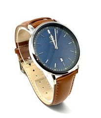 LAVAREDO Ultra Thin Quartz Wristwatch Blue Dial Brown Leather Band Date at 6:00
