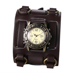 Mens Retro Punk Super Wide Genuine Leather Band Sport Wrist Watch Halloween Gift