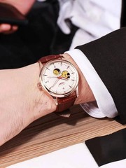LONGLUX Mechanical Skeleton Watch Men Business Leather Band Roman Numerals 3Bar