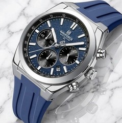 Men’s Sporty Watch Date Chronograph Blue Dial Silver Case Blue Silicone Strap