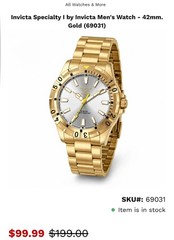 Invicta Specialty I by Invicta Men’s Watch – 42mm,Gold (69031)