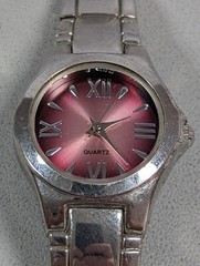 Red Pink Dial Silver Tone Case Link Bracelet Band Watch 7 Inch