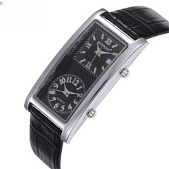 Dual Time Zone Men’s Women’s Quartz Rectangle Wrist Watch Black PU Leather Band