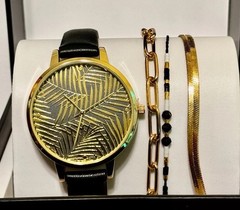 Women’s Gold Black Metallic Tropical Watch 39MM Quartz & Bracelet Set NEW NWT